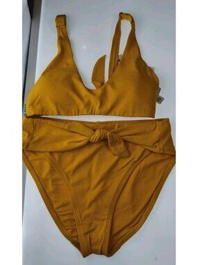 Robin Piccone Mustard Yellow Tie Front Bandeau Bikini Set NWT Size M